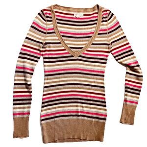 Aeropostale Womens Pullover Sweater Brown Pink Striped Long Sleeve V Neck M Y2K